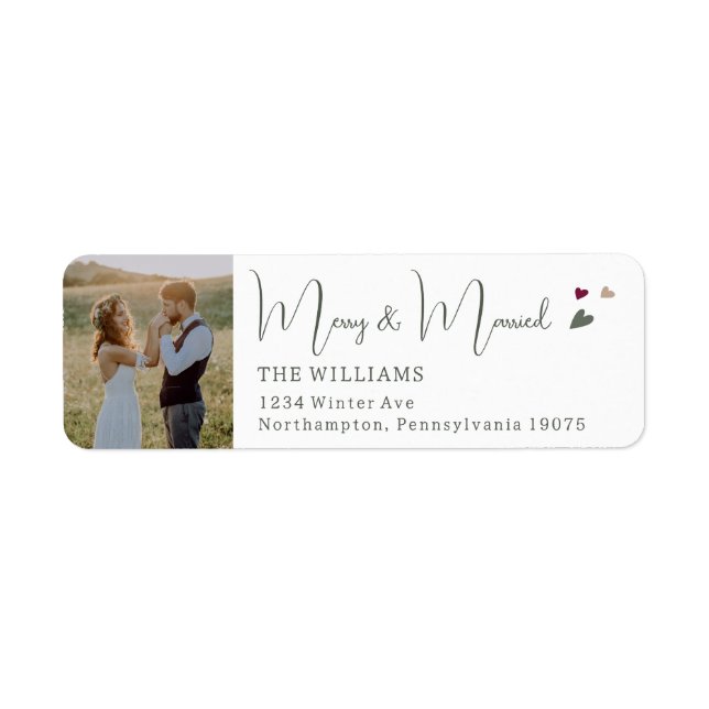Boho Hearts Merry & Married Photo Return Address Label (Front)