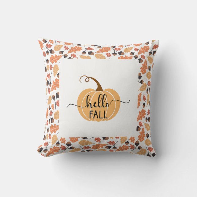 Boho Hello Fall Pumpkin with Autumn Leaves Cushion (Front)