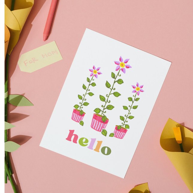 Boho Hello Hand-Drawn Floral Thinking of You Note Card (These boho pink and purple flowers make it easy to stay in touch!)