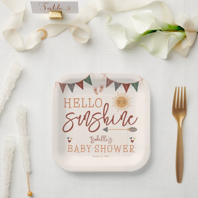 Boho Hello Sunshine Baby Shower Paper Plate (Wedding)