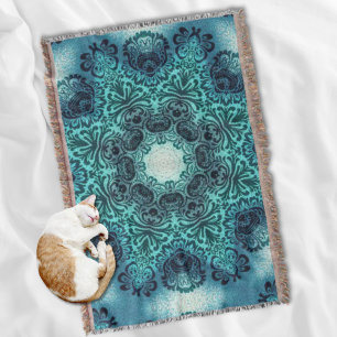 Boho henna floral paisley turquoise teal mandala throw blanket