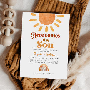Boho Here Comes the Son Rainbow boy Baby Shower Invitation