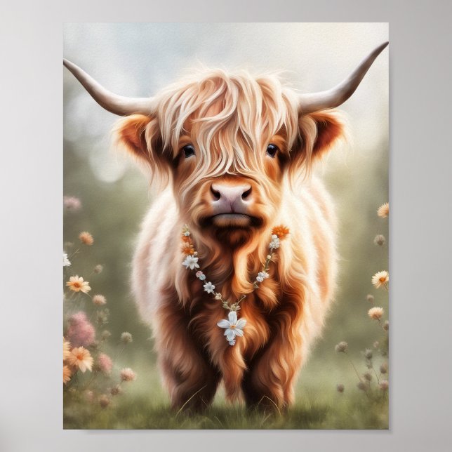 Boho highland cow art print, highland cow decor (Front)