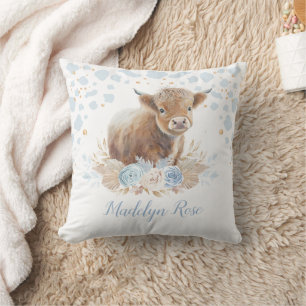 Boho Highland Cow Blue Gold Floral Baby Boy Cushion