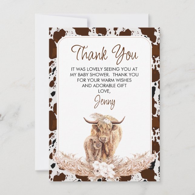 Boho Highland Cow Calf Baby Shower Thank You Card (Front)