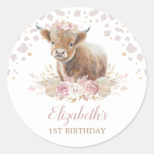 Boho Highland Cow Floral Pampas Grass 1st Birthday Classic Round Sticker