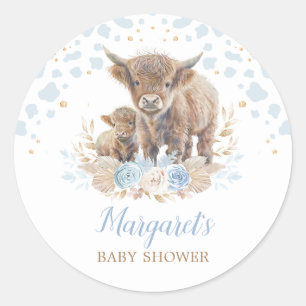 Boho Highland Cow Floral Pampas Grass Baby Boy Classic Round Sticker