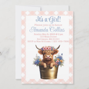 Boho Highland cow floral rustic baby shower Invitation