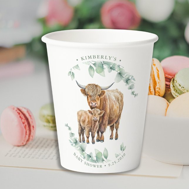 Boho Highland Cow Greenery Farm Animal Baby Shower Paper Cups (Creator Uploaded)