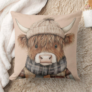 Boho Highland Cow in Hat Cream Cushion