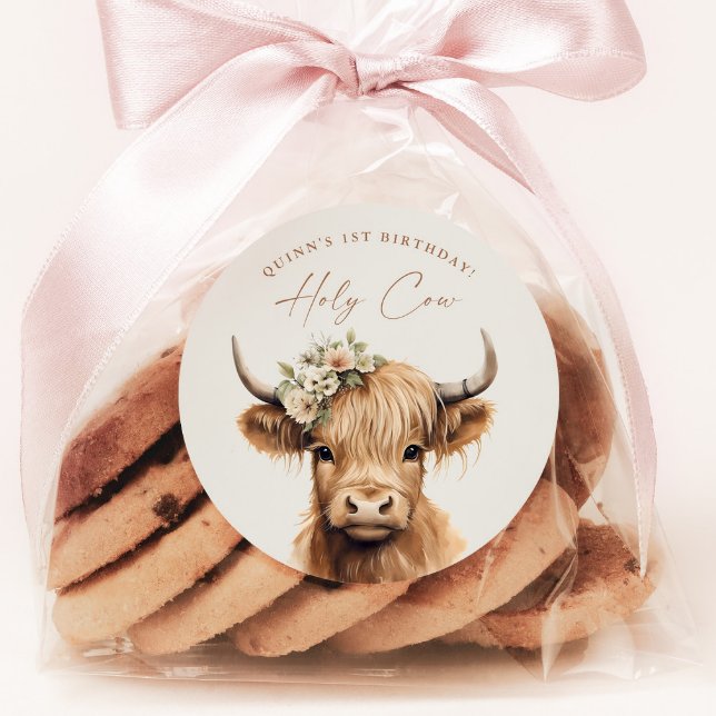 Boho Highland Cow Kids Birthday Party Classic Round Sticker (Holy Cow Kids Birthday Party Favor or Envelope Tag Sticker.)