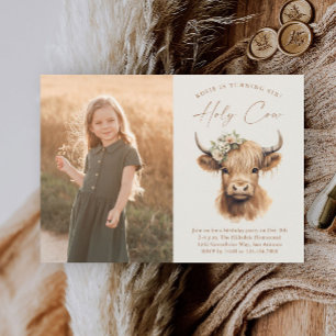 Boho Highland Cow Kids Photo Birthday Party Invitation