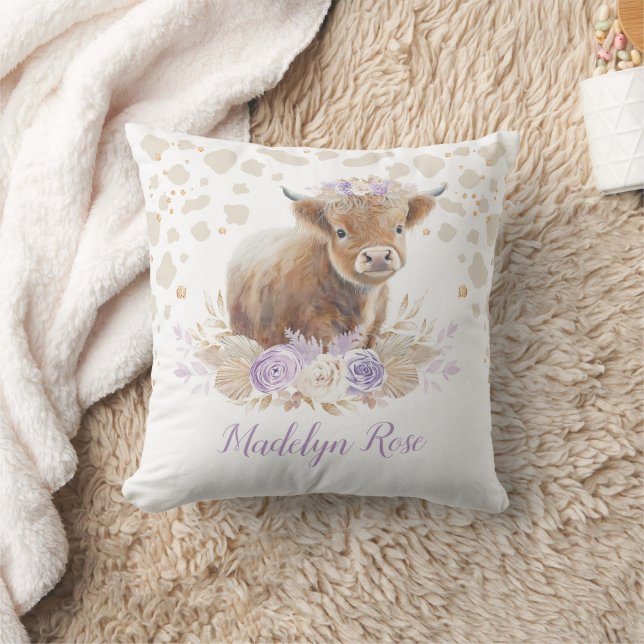 Boho Highland Cow Lavender Gold Floral Baby Girl Cushion (Blanket)