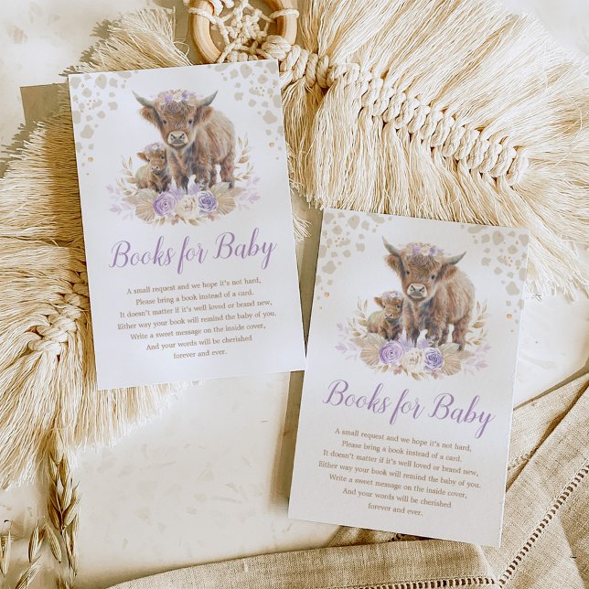 Boho Highland Cow Lilac Pampas Books for Baby Girl Enclosure Card (Creator Uploaded)