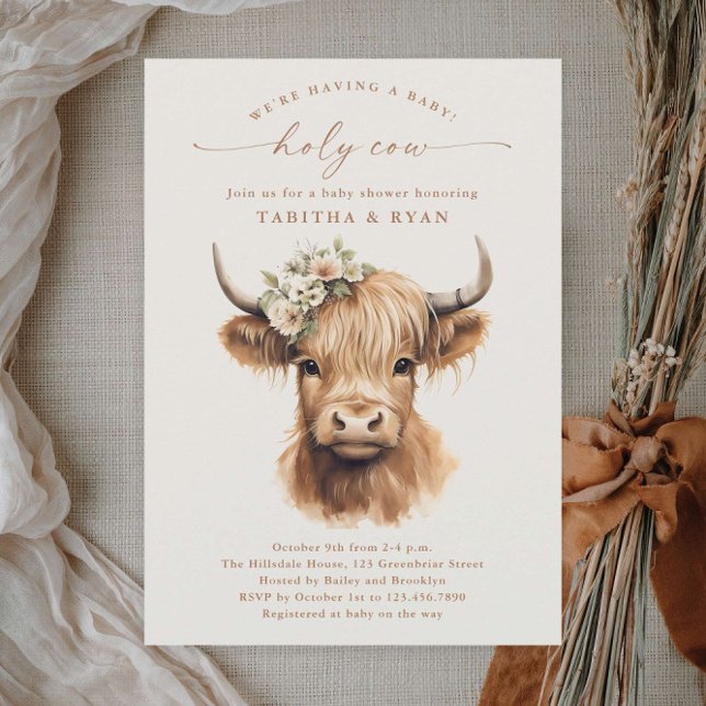 Boho Highland Cow Neutral Couples Baby Shower Invitation (Boho highland cow couples baby shower invitations.)