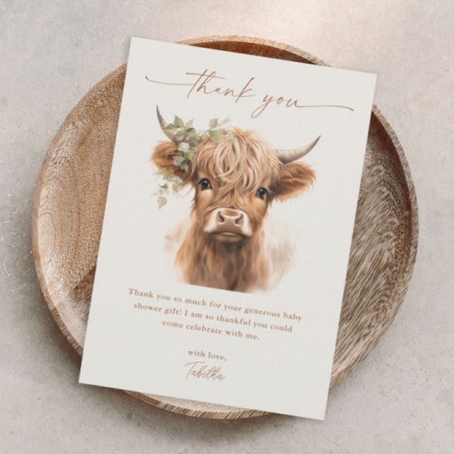 Boho Highland Cow Neutral Couples Baby Shower Thank You Card (Boho highland cow baby shower thank you card.)