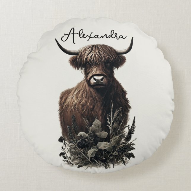 Boho Highland Cow Round Cushion (Front)