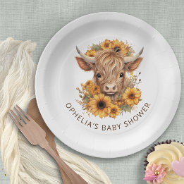 Boho Highland Cow Sunflowers Baby Shower Paper Plate