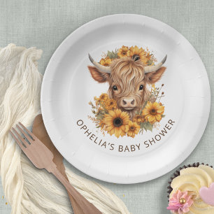 Boho Highland Cow Sunflowers Baby Shower Paper Plate