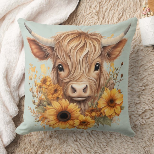 Boho Highland Cow Sunflowers Sage Green Cushion (Blanket)