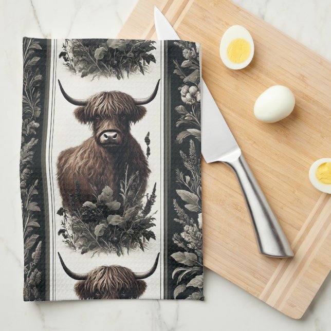 Boho Highland Cow Tea Towel (Quarter Fold)