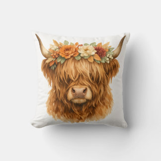 Boho Highland Cow Throw Pillow with Floral Crown |