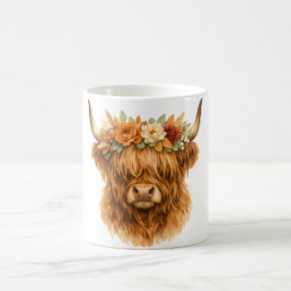 Boho Highland Cow Throw Pillow with Floral Crown | Coffee Mug