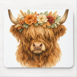 Boho Highland Cow Throw Pillow with Floral Crown Mouse Pad