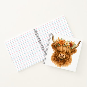 Boho Highland Cow Throw Pillow with Floral Crown   Notebook