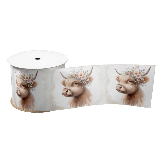 Boho Highland Cow Wearing Bridal Flowers Satin Ribbon (Spool)