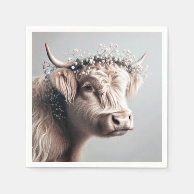 Boho Highland Cow With Baby's Breath Crown Napkin (Front)