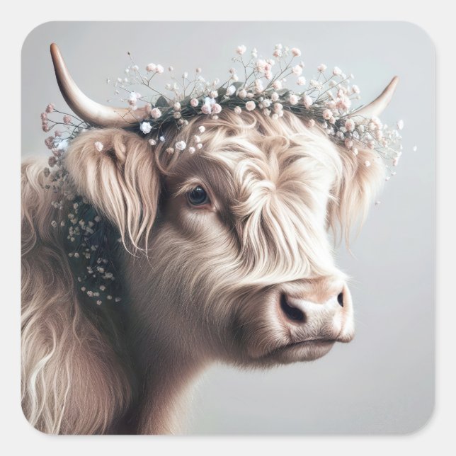 Boho Highland Cow With Baby's Breath Crown Square Sticker (Front)