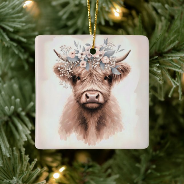 Boho Highland Cow With Bridal Floral Crown Ceramic Ornament (Tree)