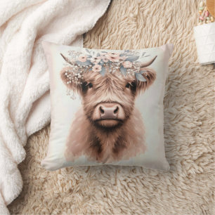 Boho Highland Cow With Floral Crown Cushion