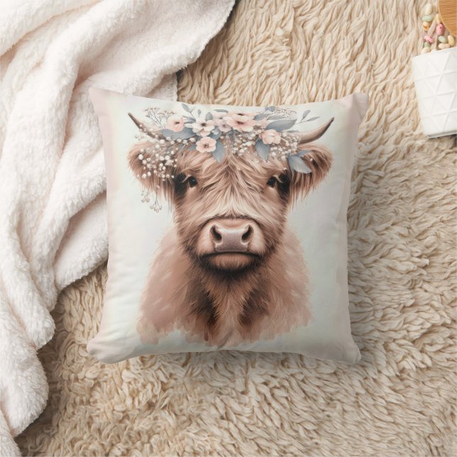 Boho Highland Cow With Floral Crown Cushion (Blanket)