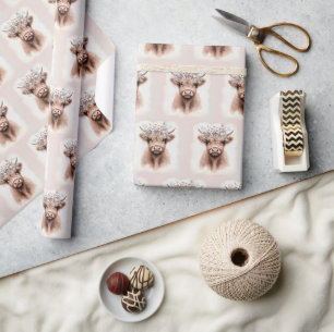 Boho Highland Cow With Floral Headpiece Wrapping Paper