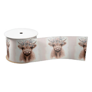 Boho Highland Cow With Flowering Laurel Satin Ribbon