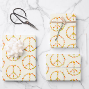 Boho Hippie Floral Peace Sign Pattern in Yellow Wrapping Paper Sheet