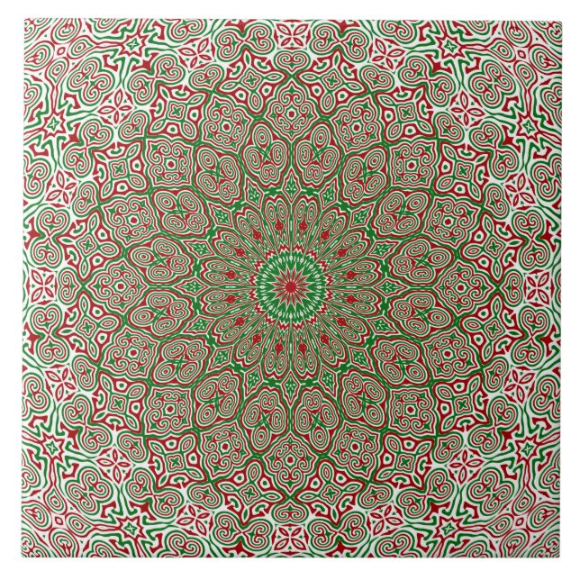 Boho Hippie Funky Trippy Ornate Christmas Mandala  Ceramic Tile (Front)