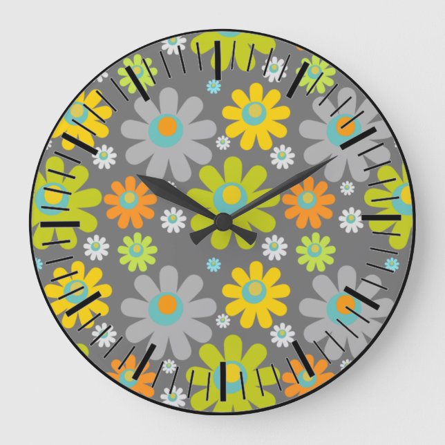 Boho Hippie Grey/Green/Yel/Orange Daisies On Grey Large Clock (Front)