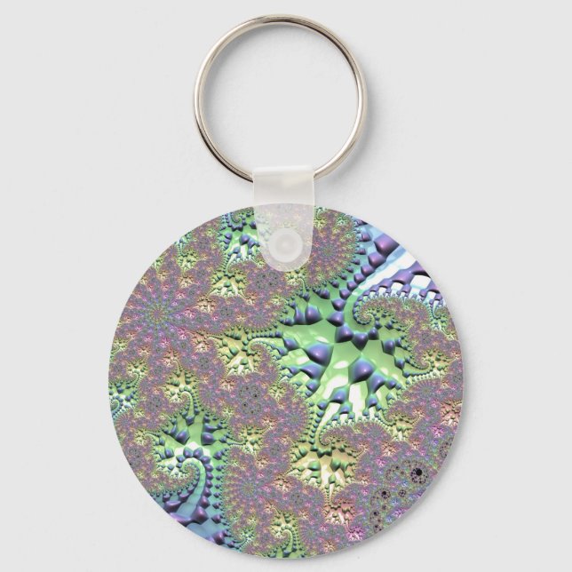 Boho Hippie Groovy Shiny Colourful Rainbow Fractal Key Ring (Front)