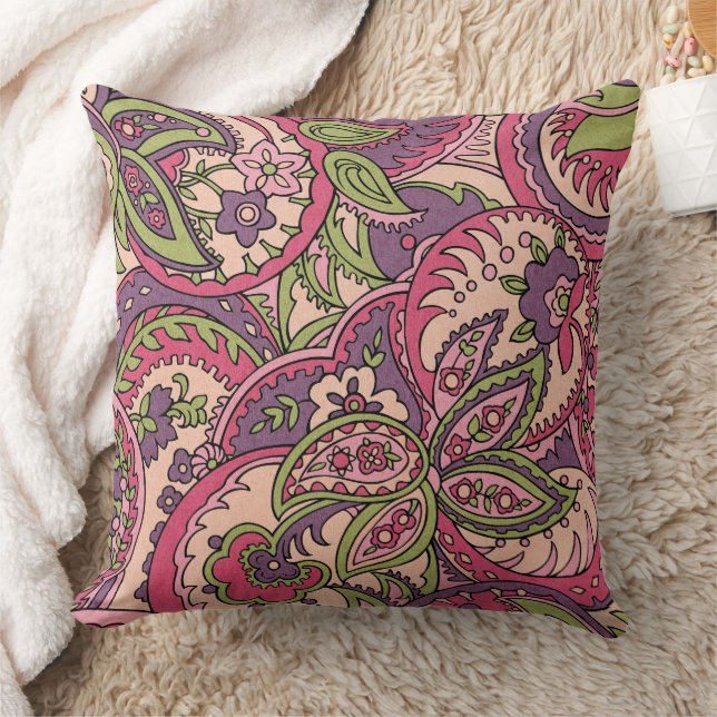 Boho Hippie Pink/Green/Purple Floral Paisley Cushion (Blanket)