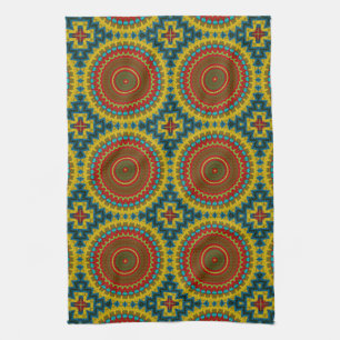 Boho Hippie Red Yellow Blue Vintage Tribal Ethnic Tea Towel