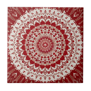 Boho Hippie Tibetan Inspired Red Mandala Ceramic Tile