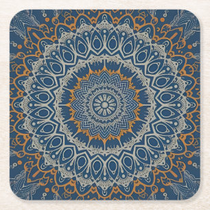 Boho Hippie Tibetan Style Intricate Blue Mandala Square Paper Coaster