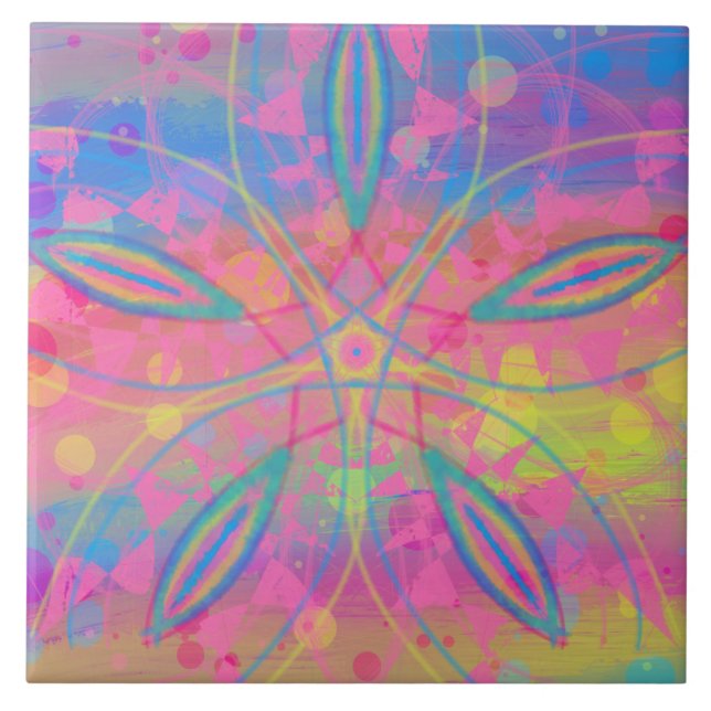 Boho Hippie Tie Dye Neon Pastel Mandala Abstract Ceramic Tile (Front)