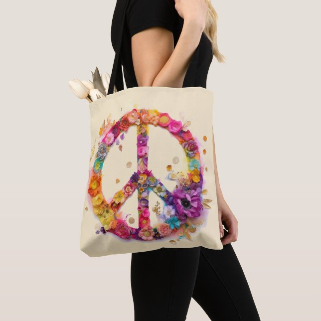 Boho Hippy 60s 70s Peace Sign Tote Bag (Close Up)
