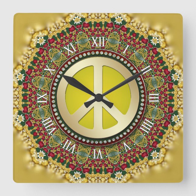 Boho Holiday Dreams PEACE Satin Lace Mandala Square Wall Clock (Front)