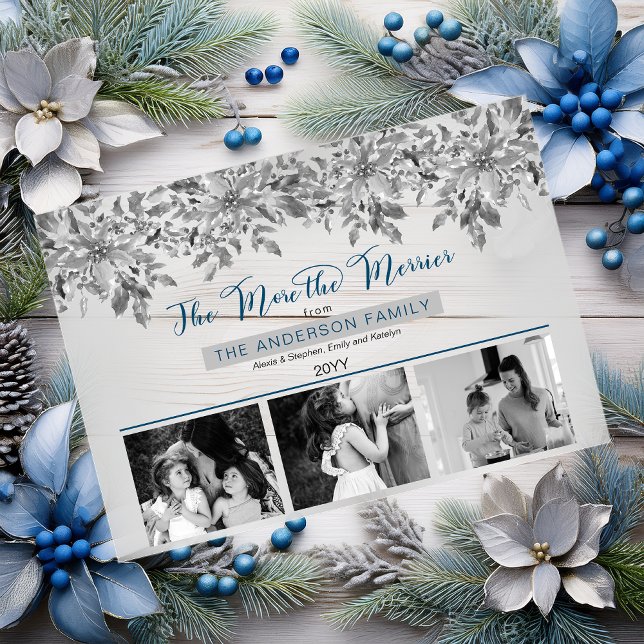 Boho Holiday Greenery The More the Merrier 3 Photo Acrylic Invitations ("The More the Merrier" Gray Poinsettias and Blue Text 3 Photo Christmas Holiday Birth Acrylic Card)