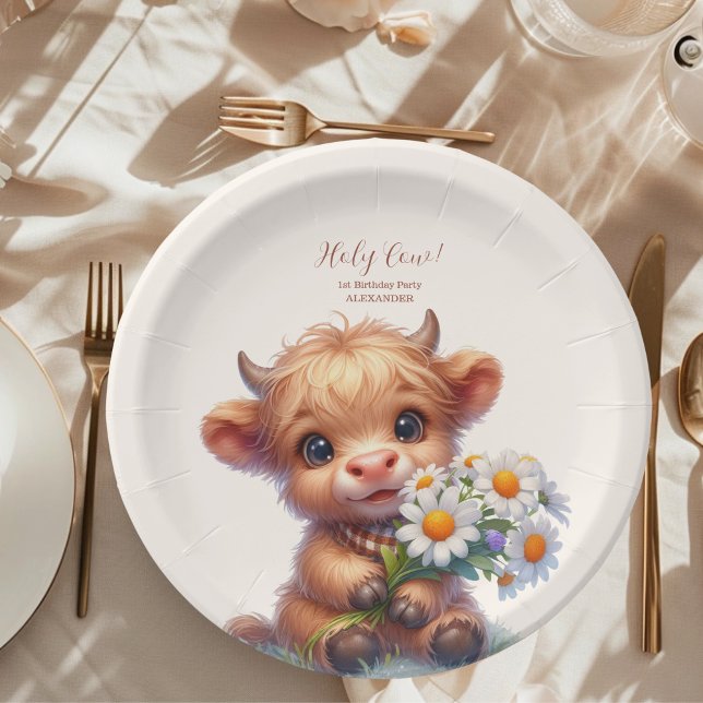 Boho Holy Cow Highland Cow 1st Birthday Paper Plate (Creator Uploaded)